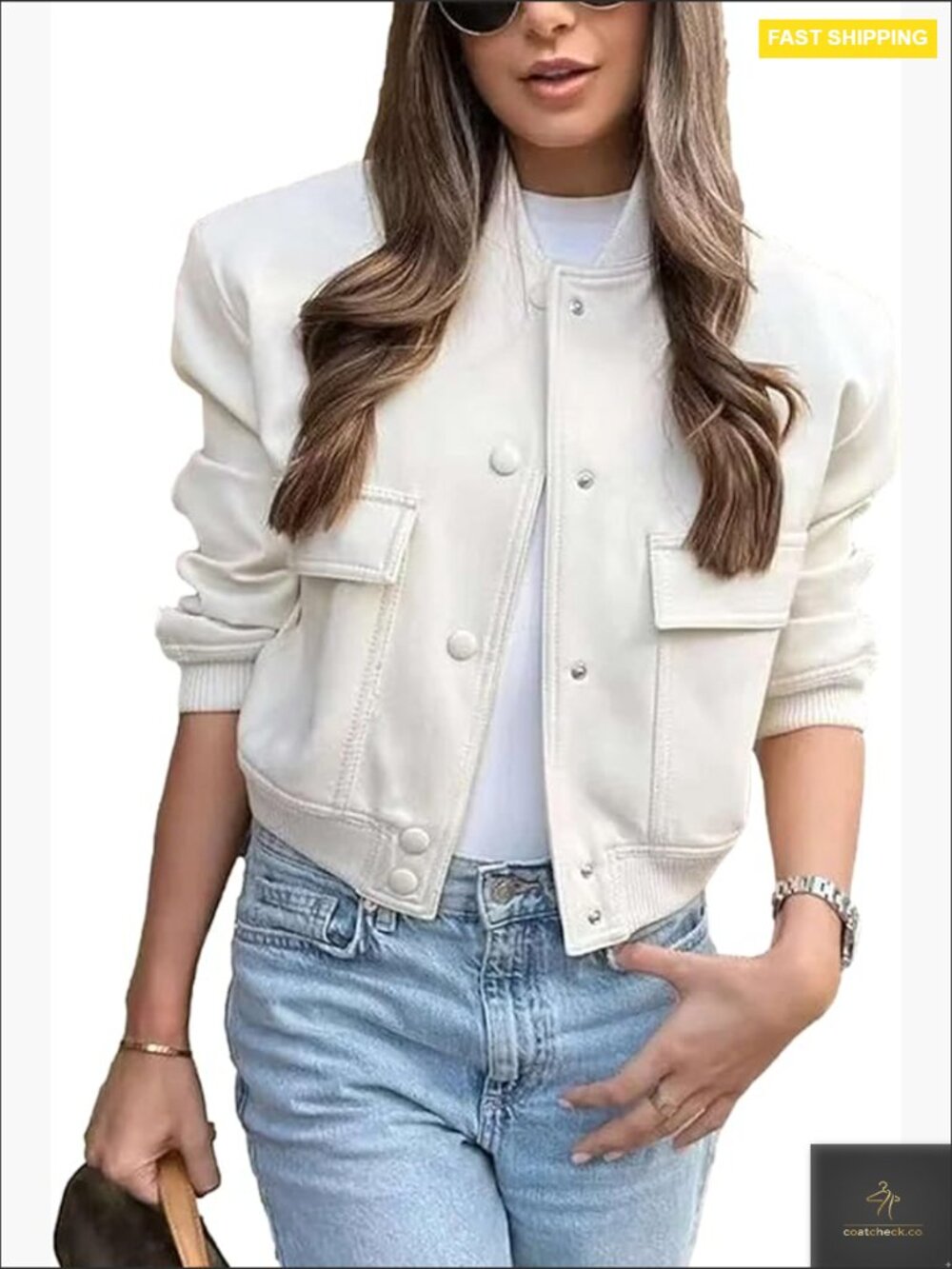 Cropped Bomber Jacket Button Down Varsity Style Long Sleeve With Pockets